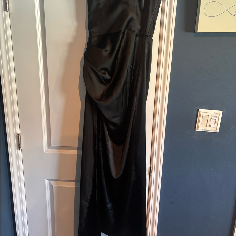 Black Satin Maxi Evening Dress - Sleek Draped Silhouette